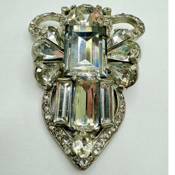 1940s Eisenberg Original Pot Metal Rhinestone Large Art Deco Dress Fur Clip - Picture 3 of 10